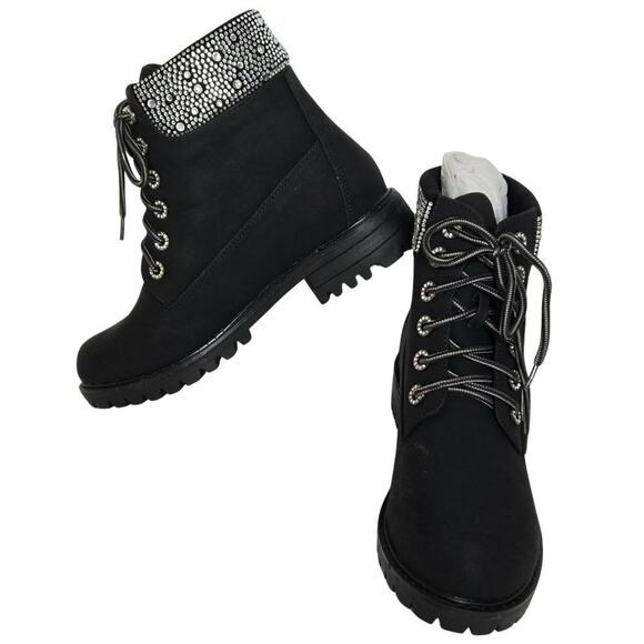 Liliana Rhinestone Embellished Lace Up Treaded Ankle Boots Size 10 NWOB - Picture 1 of 6